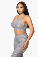 Load image into Gallery viewer, Light gray/purple mesh set. Leggings have pockets.

