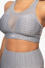 Load image into Gallery viewer, Light gray/purple mesh set. Leggings have pockets.

