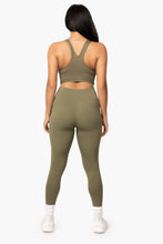 Load image into Gallery viewer, Olive Green &quot;V&quot; shaped sports bra. DH logo on left side.
